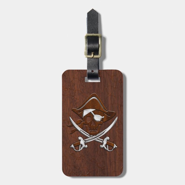 Wet Nautical Mahogany Pirate Skull Steel Luggage Tag (Front Vertical)