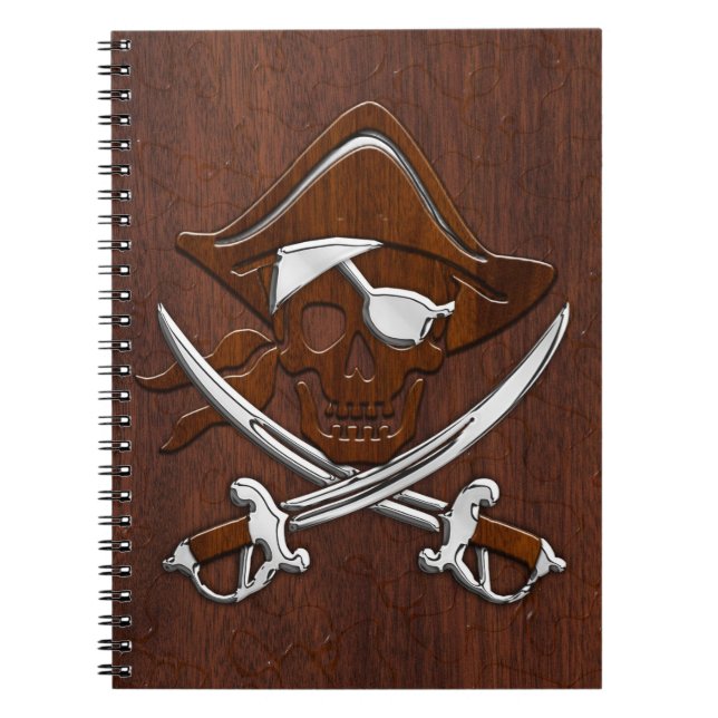 Wet Nautical Mahogany Pirate Skull Steel Notebook (Front)