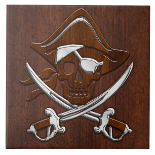Wet Nautical Mahogany Pirate Skull Steel Tile