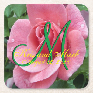 Wet Pink Rose Monogram Square Paper Coaster
