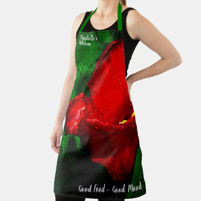 Wet Red Tulip Flower On Green Apron (Insitu)