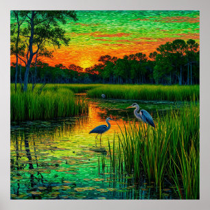Wetland Scene with Herons Under Stunning Sunset Poster