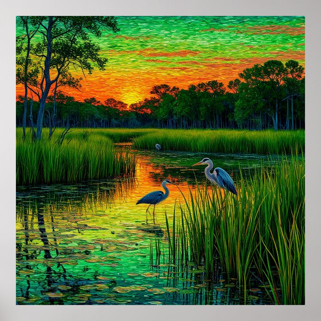 Wetland Scene with Herons Under Stunning Sunset Poster (Front)