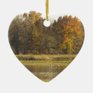 WETLAND WITH AUTUMN TREES IN BACKGROUND AND DUCKS CERAMIC TREE DECORATION