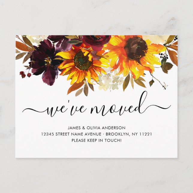 We've Moved Autumn Boho Sunflower Blooms Moving Announcement Postcard (Front)