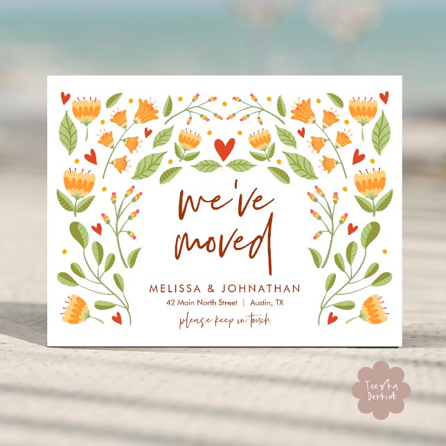 We've Moved, Autumn New Home Announcement  Postcard (We've Moved, New Home Address Announcement Postcard in Wild Flowers Orange Greenery theme)