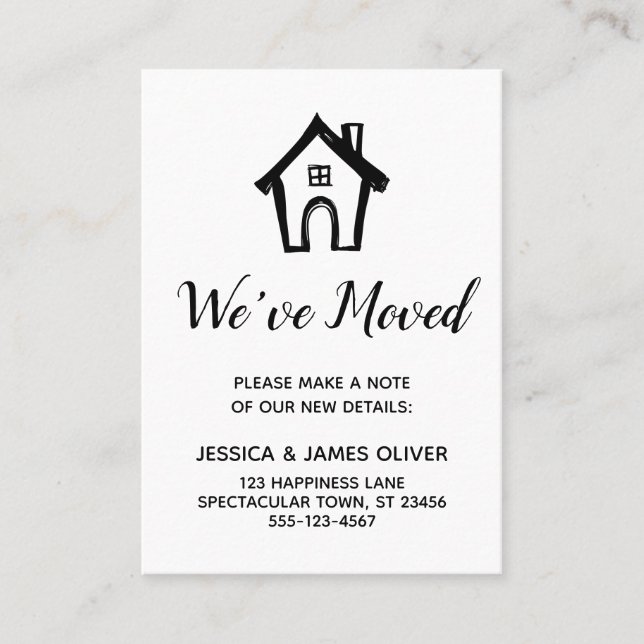 "We've Moved" Black and White Card w/ Little House (Front)