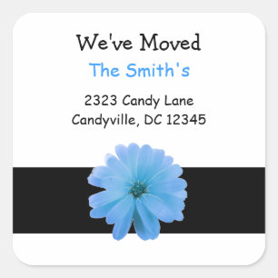We've Moved Black Ribbon Blue Flower Square Sticker