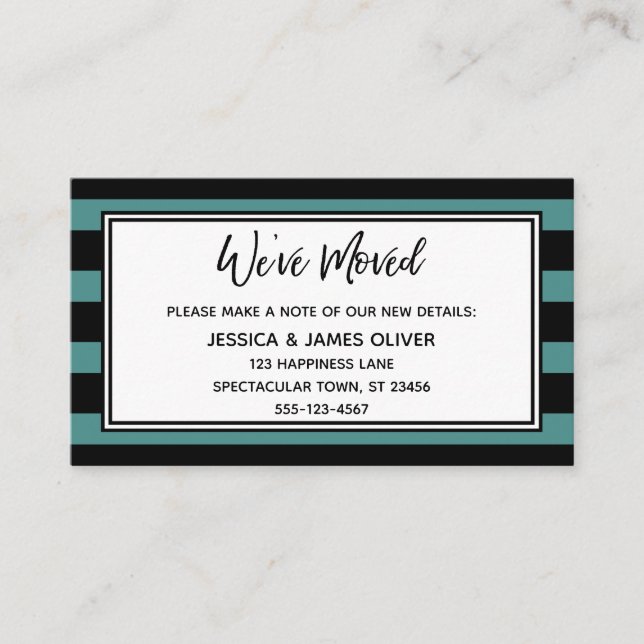 "We've Moved" Black & Teal Horizontal Stripes Business Card (Front)