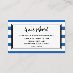 "We've Moved" Blue and White Horizontal Stripes Business Card