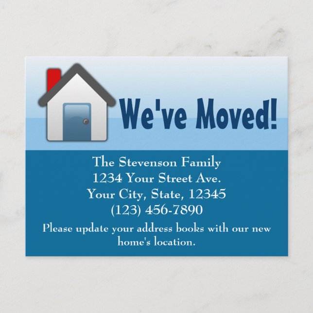 We've Moved, Blue House Icon Announcement Postcard (Front)