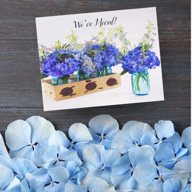 We've Moved Blue Hydrangeas In Mason Jars Postcard (Creator Uploaded)
