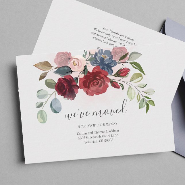 We've Moved Burgundy Floral Moving Announcement (We Have Moved Burgundy Floral Moving Announcement Note Card)