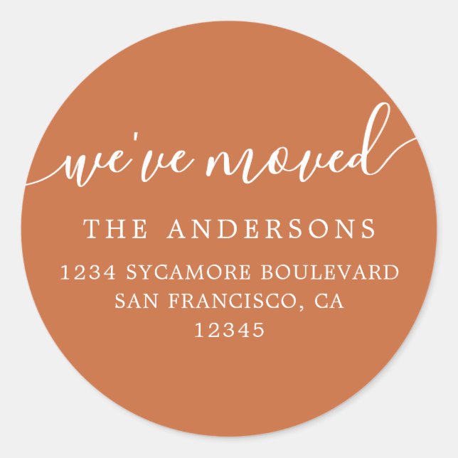 We've Moved Burnt Orange New Address label (Front)
