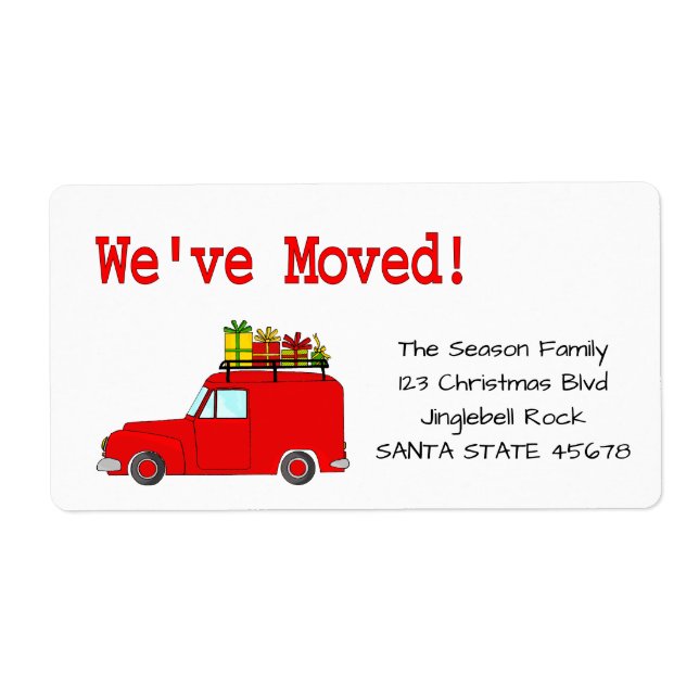 We've Moved Car, tree and gifts Christmas label (Front)