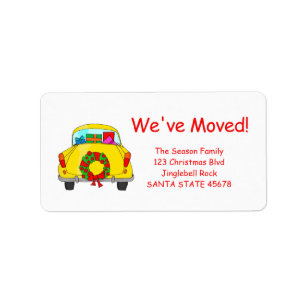We've Moved car with wreath Christmas label