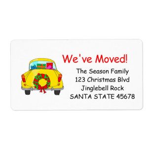 We've Moved car with wreath Christmas label