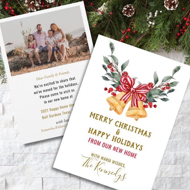 We've Moved Christmas Bells Red Bow Holiday Photo Announcement (We've Moved Christmas Bells Red Bow Holiday Photo Announcement)