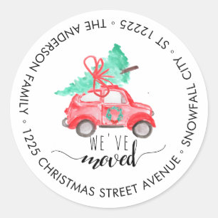 We've Moved Christmas Car Tree Holiday Address Classic Round Sticker