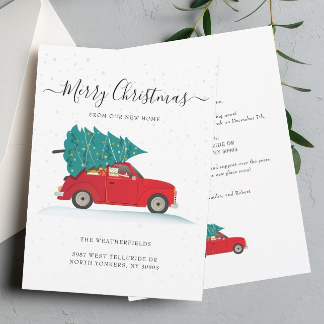 We've Moved Christmas Family Moving Announcement (Christmas Holiday Moving Announcement with Red Car and Christmas Tree)