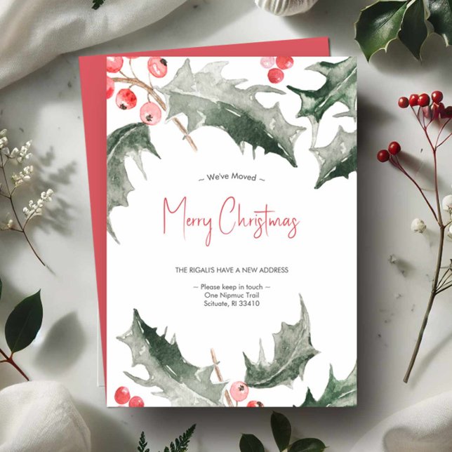 We've Moved Christmas  Holiday Card (Moving Christmas cards watercolor holly and berries in shades of red and green)