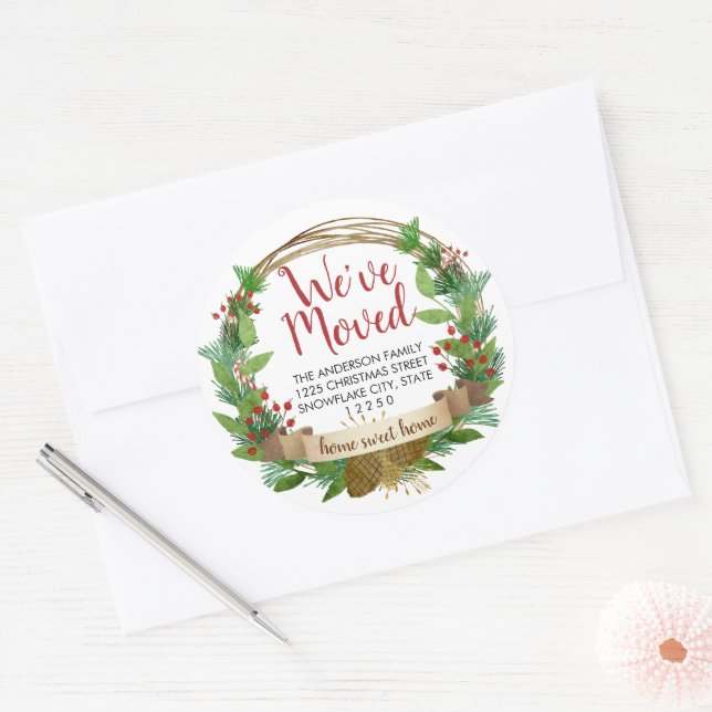 We've Moved Christmas Holiday Moving Announcement Classic Round Sticker (Envelope)