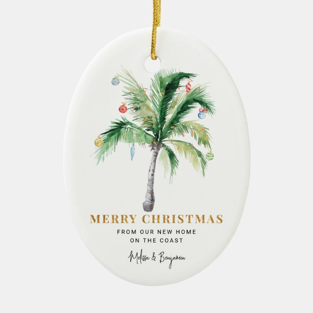 We've Moved Christmas Holidays Coastal Address Ceramic Ornament (Front)