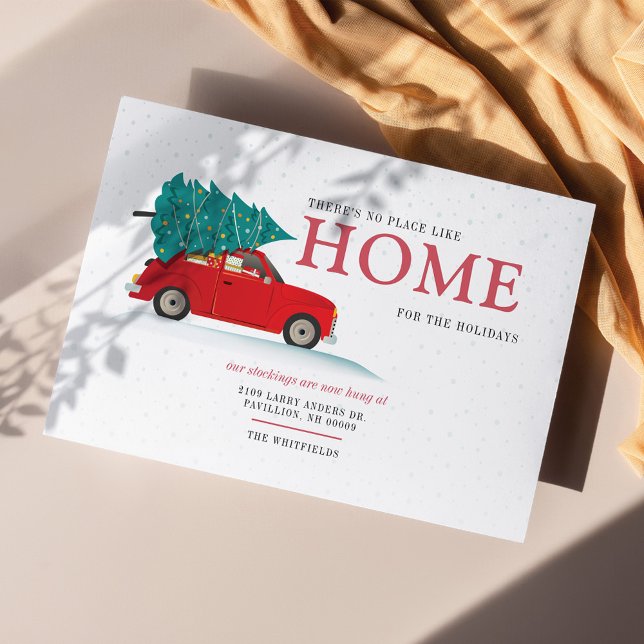 We've Moved Christmas New Address Red Car Moving Announcement Postcard (Moving Home Update Christmas Holidays Announcement Postcard)