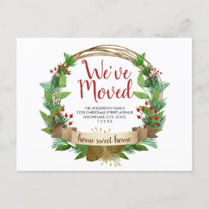 We've Moved Christmas Wreath Acorn Holiday Moving Announcement Postcard