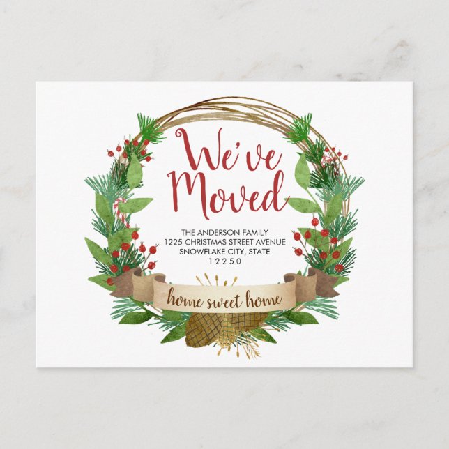 We've Moved Christmas Wreath Acorn Holiday Moving Announcement Postcard (Front)