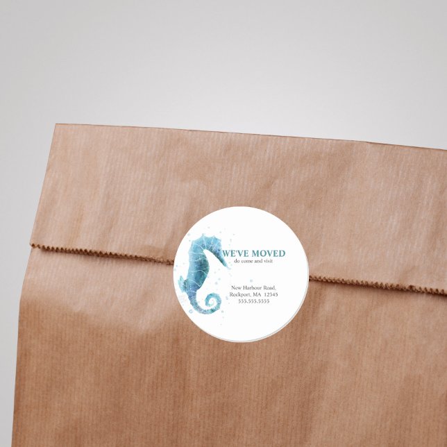 We've Moved Cute Sea Horse Moving Announcement Classic Round Sticker (Watercolor Sea Horse Moving Announcement Sticker)