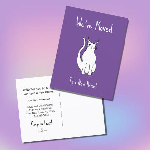 We've Moved Cute Winking Cat Trendy Purple  Announcement Postcard
