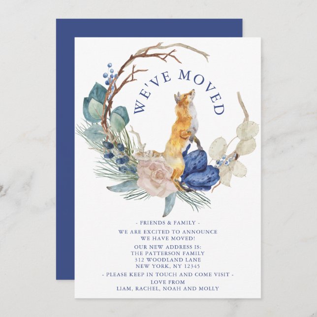 We've Moved Cute Woodland Fox Watercolor Floral Announcement (Front/Back)