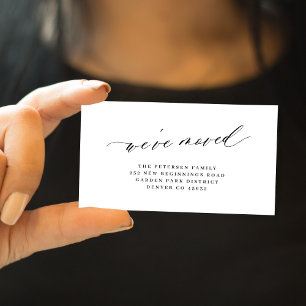 We've moved elegant script simple black white card