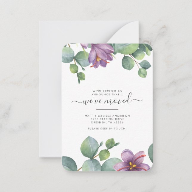 We've Moved Eucalyptus Green Purple Foliage Moving Card (Front)