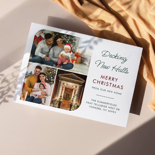 We've Moved Family Photo Collage Christmas Moving Holiday Card (Decking New Halls Christmas Family Moving Announcement)