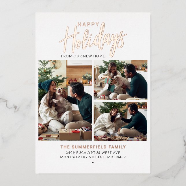 We've Moved Family Photo Collage Pet Moving Gold Foil Holiday Card (Front)