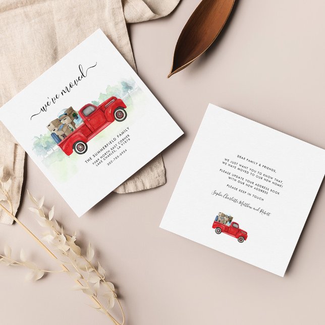 We've Moved Family Watercolor Moving Announcement (Moving Address Update Watercolor Red Truck Announcement)