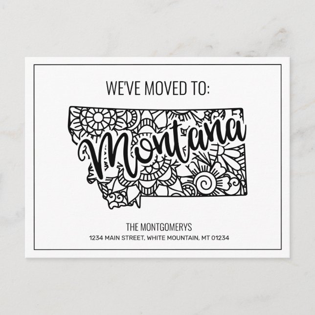 We've Moved Floral Mandala Montana State Announcement Postcard (Front)
