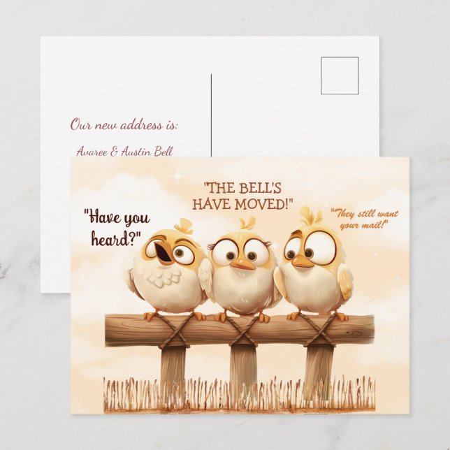 We've Moved Funny Birds on Fence Postcard (Front/Back)