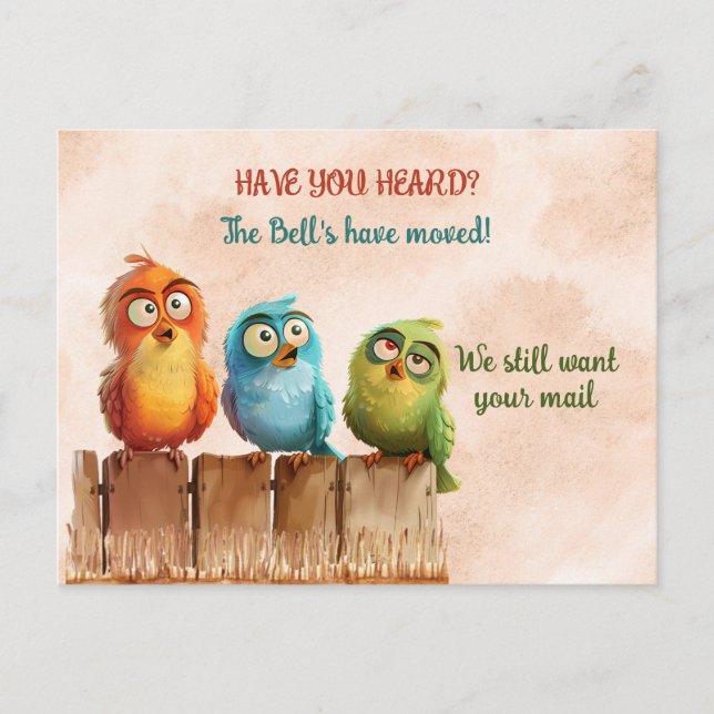 We've Moved Funny Birds on Fence Postcard (Front)