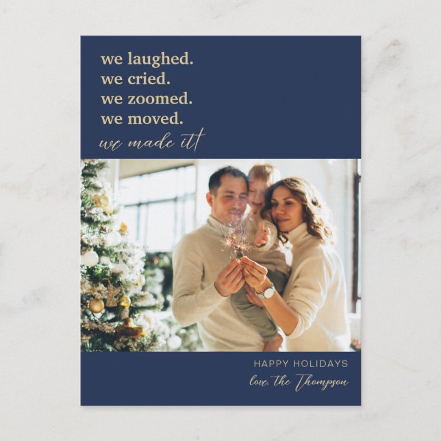 We've Moved Gold Navy Blue Photo Holiday Moving Announcement Postcard (Front)
