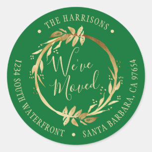We've Moved Gold Wreath Green New Address Classic Round Sticker
