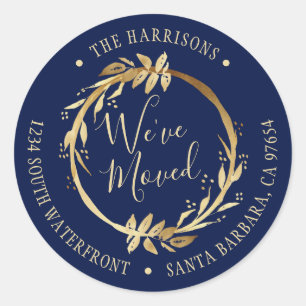 We've Moved Gold Wreath Navy Blue New Address Classic Round Sticker