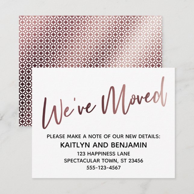 We've Moved Handwriting Rose Gold Pattern Card (Front/Back)