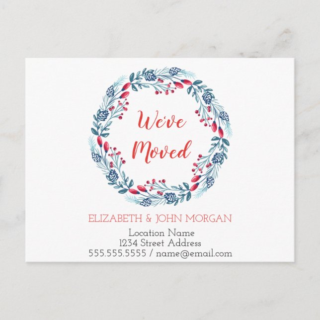 We've Moved,Holiday Blue Wreath, New Address Announcement Postcard (Front)