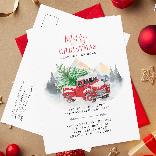 We've Moved Holiday Moving Announcement Postcard (Christmas Greetings red Truck in Snow Holiday Moving Announcement Greetings)
