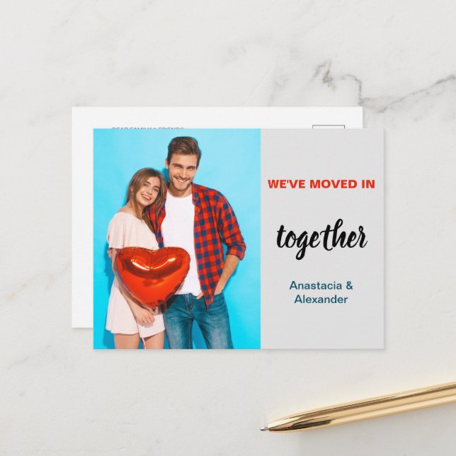 We've moved in together couple photo personalised  announcement postcard (Front/Back In Situ)