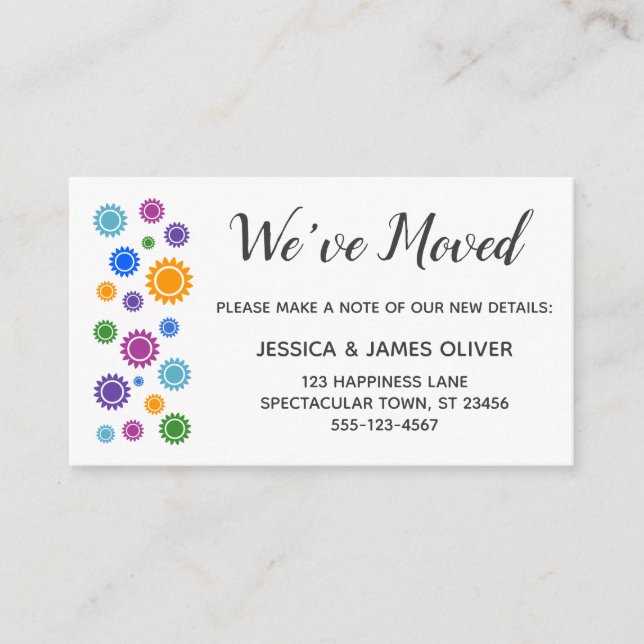 "We've Moved" Insert Cards w Colourful Sunshines (Front)