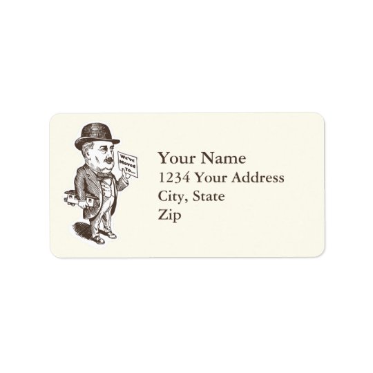 We've Moved Man with Train Address Label